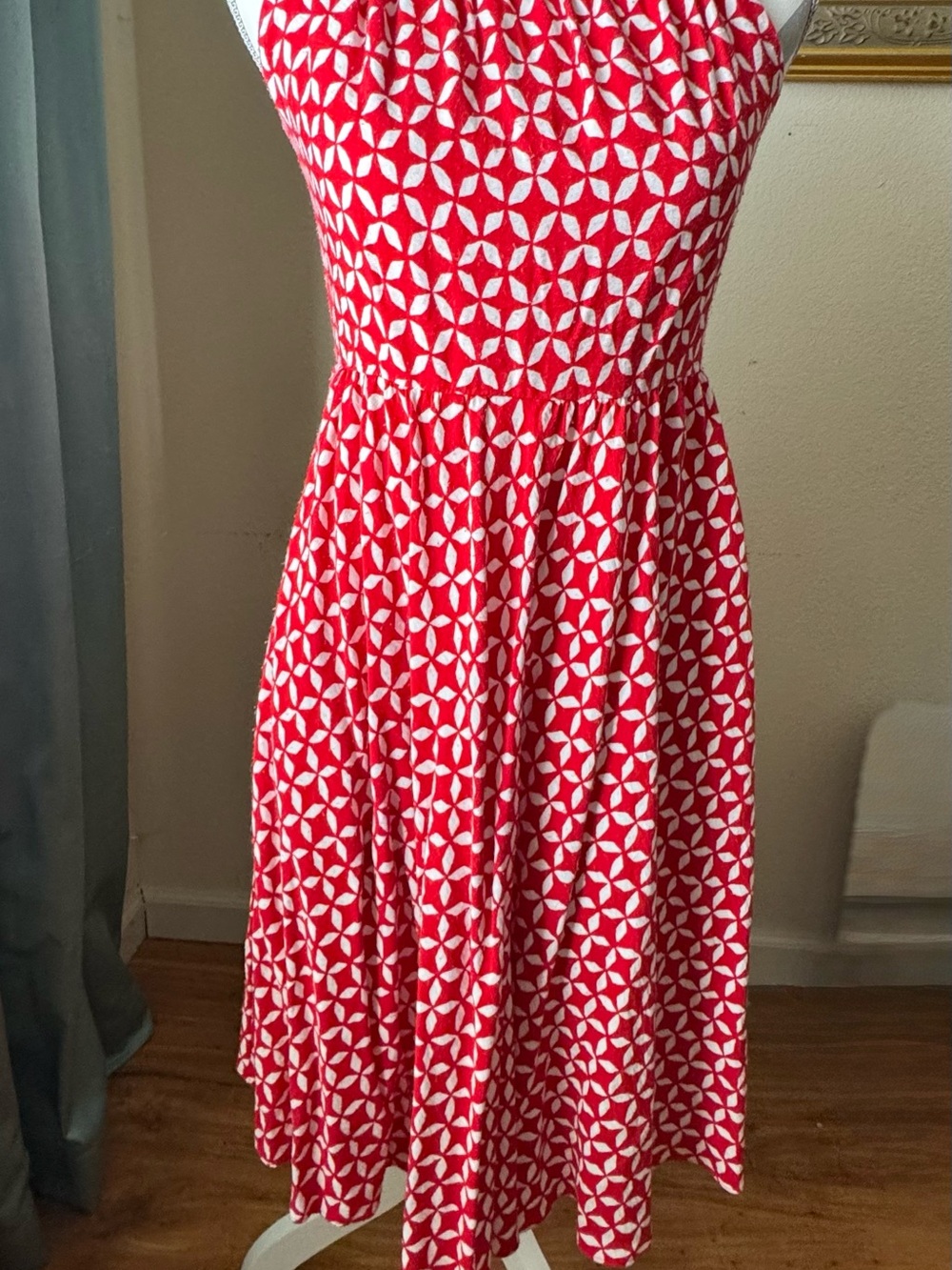 Macy's Red and White Printed Midi Halter Dress